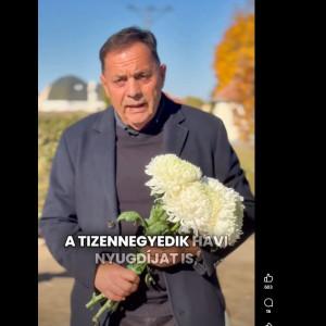 Pócs János, a közéleti figura, egy különös esemény keretein belül, egy temető csendes fái között, gyermeki mosollyal és hegedűszóval fűszerezve hirdeti meg a 14. havi nyugdíjat. A délutáni napfény játékosan szűrődik át a fák lombjain, miközben a hegedű da